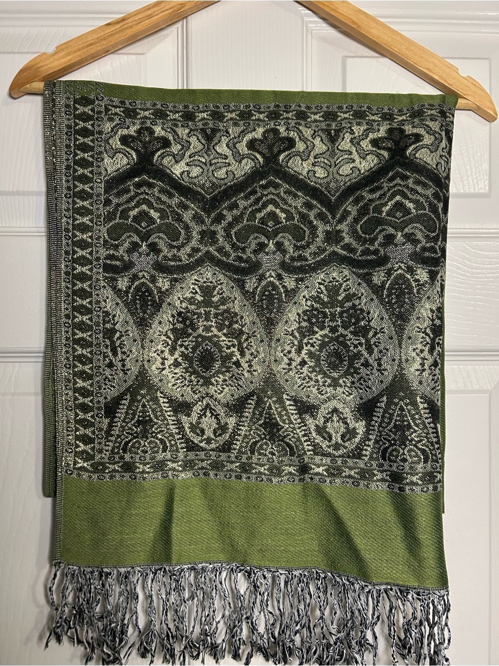 Pashmina Olive Green Paisley Jacquard Fringe Shawl Wrap Scarf - Picture 4 of 9